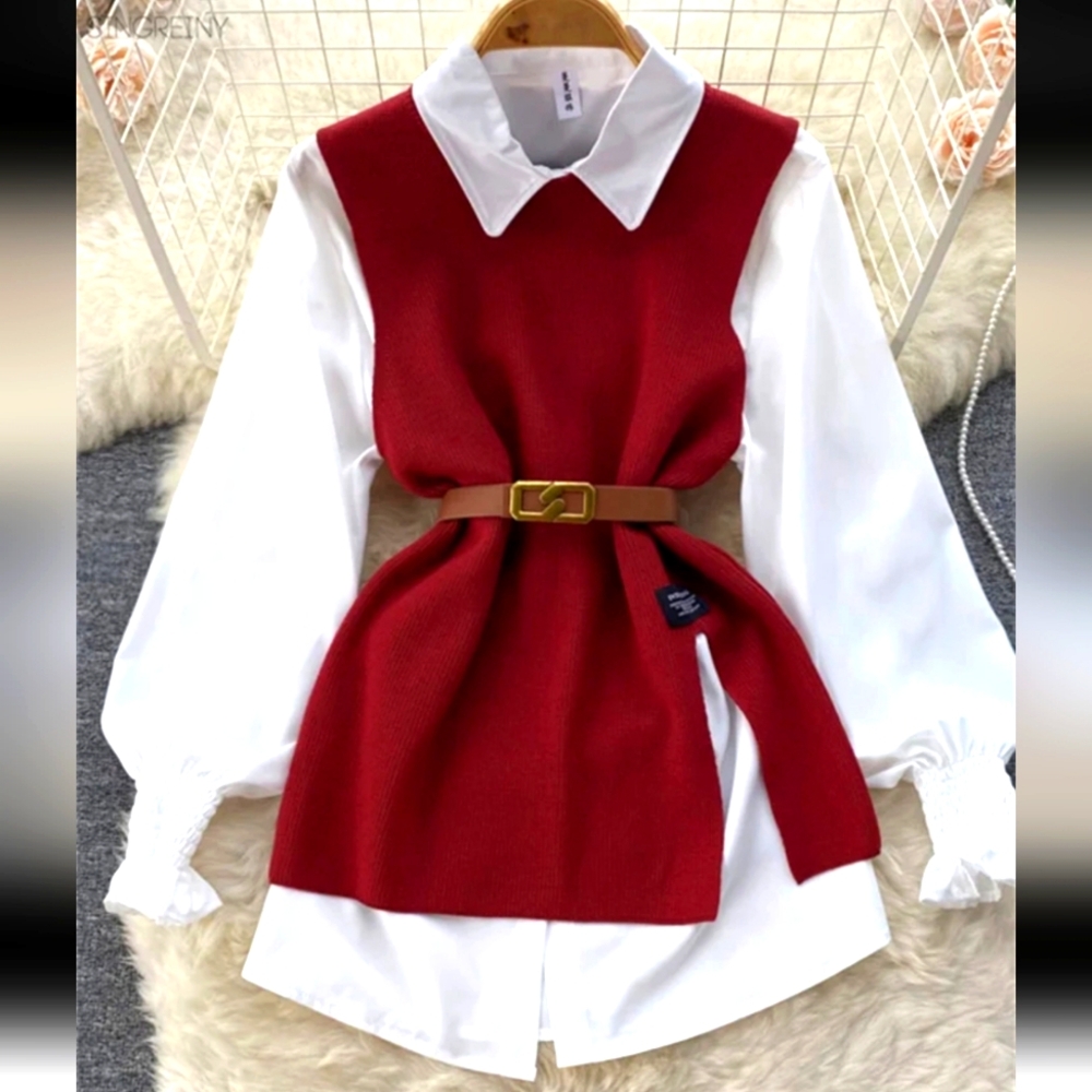 Elegant Red Knit belted Vest with White long sleeve Shirt